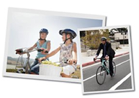 2 images designed to look like printed photos. 1 of a mother and daughter rider their bikes. 1 of PW director riding a bike.
