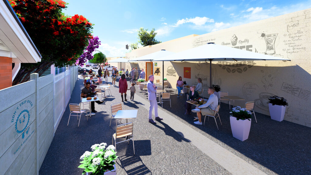 Rendering of people dining at tables under a canopy in the alley behind a restaurant.