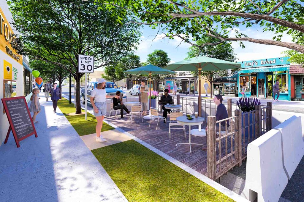 Rendering of people dining at tables outdoors in a parklet, built within street parking spaces outside of a restaurant.