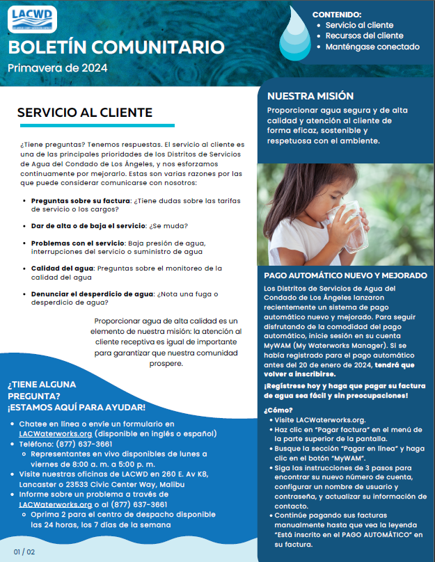 LAC Waterworks District flyer in Spanish, listing information on how to reach them