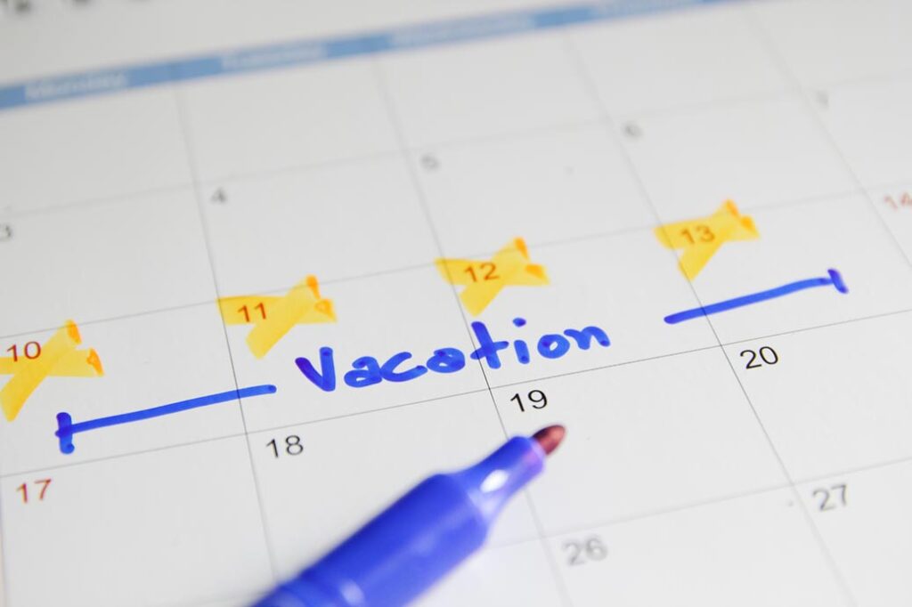 View of a calendar with days highlighted as Vacation