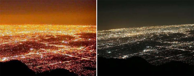 Photo of Los Angeles in aerial view from in 2002 and in 2012 showing reduction in light pollution by utilizing LED lamp fixtures that are Dark Sky compliant and direct little to no light above the lamp.