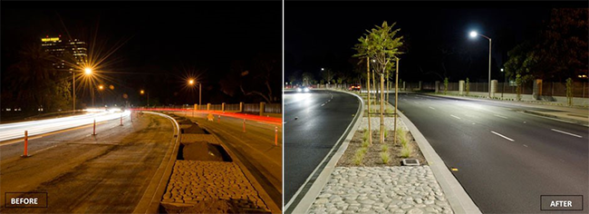 A before and after photo of Wilshire Blvd showing Improvement of nighttime visibility and awareness for motorists and pedestrians by utilizing LED lamp fixtures with improved lighting uniformity, distribution, and color rendering. 