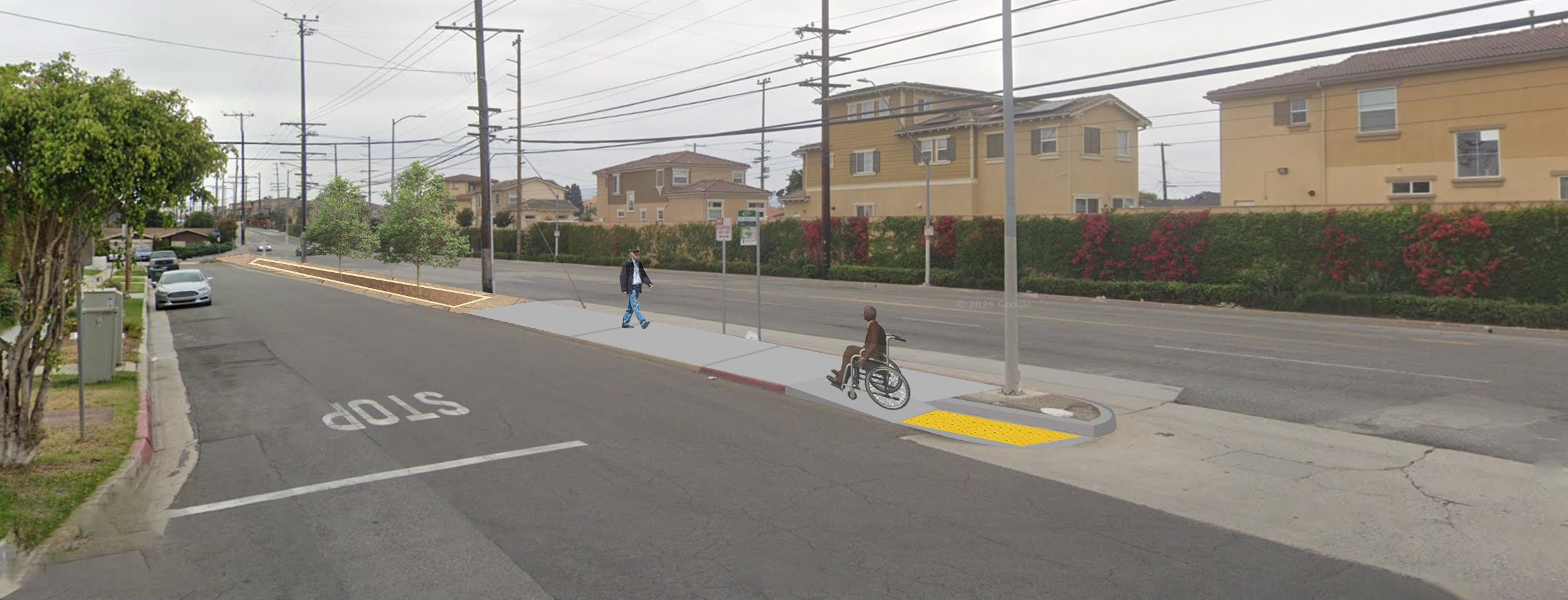 render of completed sidewalk with wheelchair access and planted trees