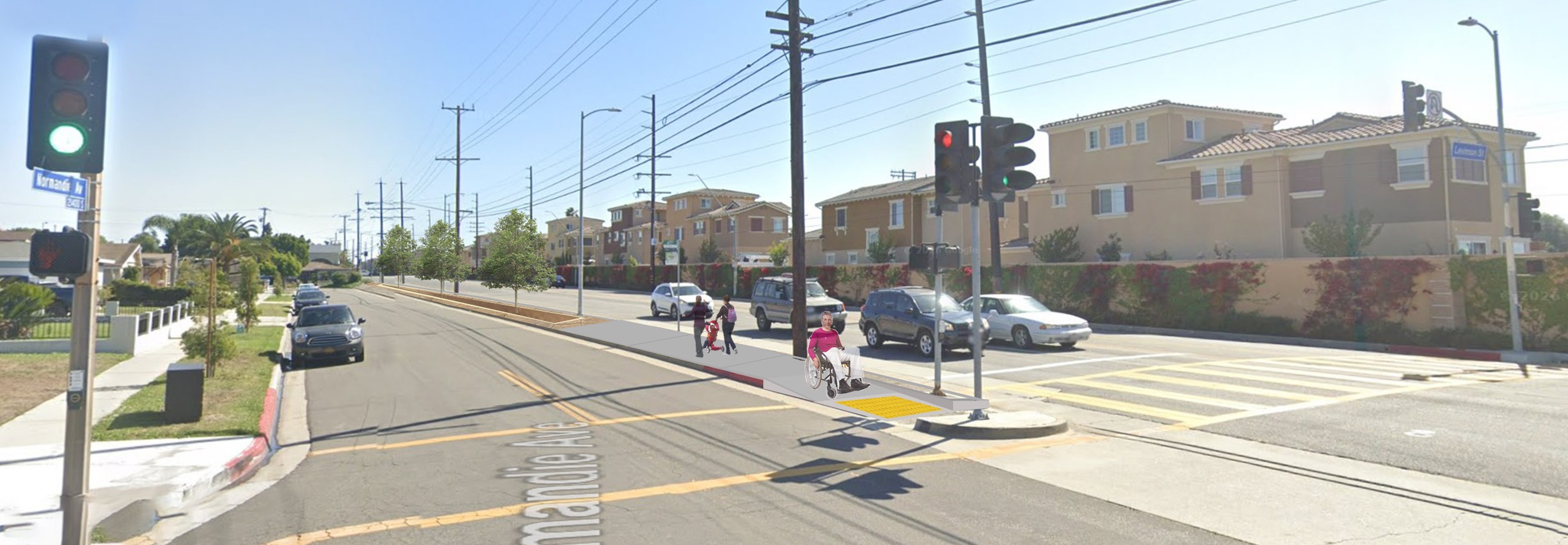 render of completed sidewalk with wheelchair access and planted trees
