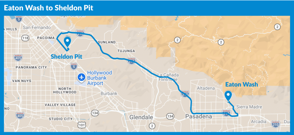 Map showing route from Sheldon Pit to Eaton Wash, going through the 210 LA freeway.