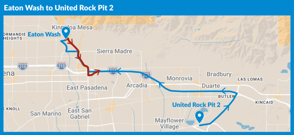 Map showing route from Eaton Wash to United Rock Pit 2, going through the 210 LA freeway.